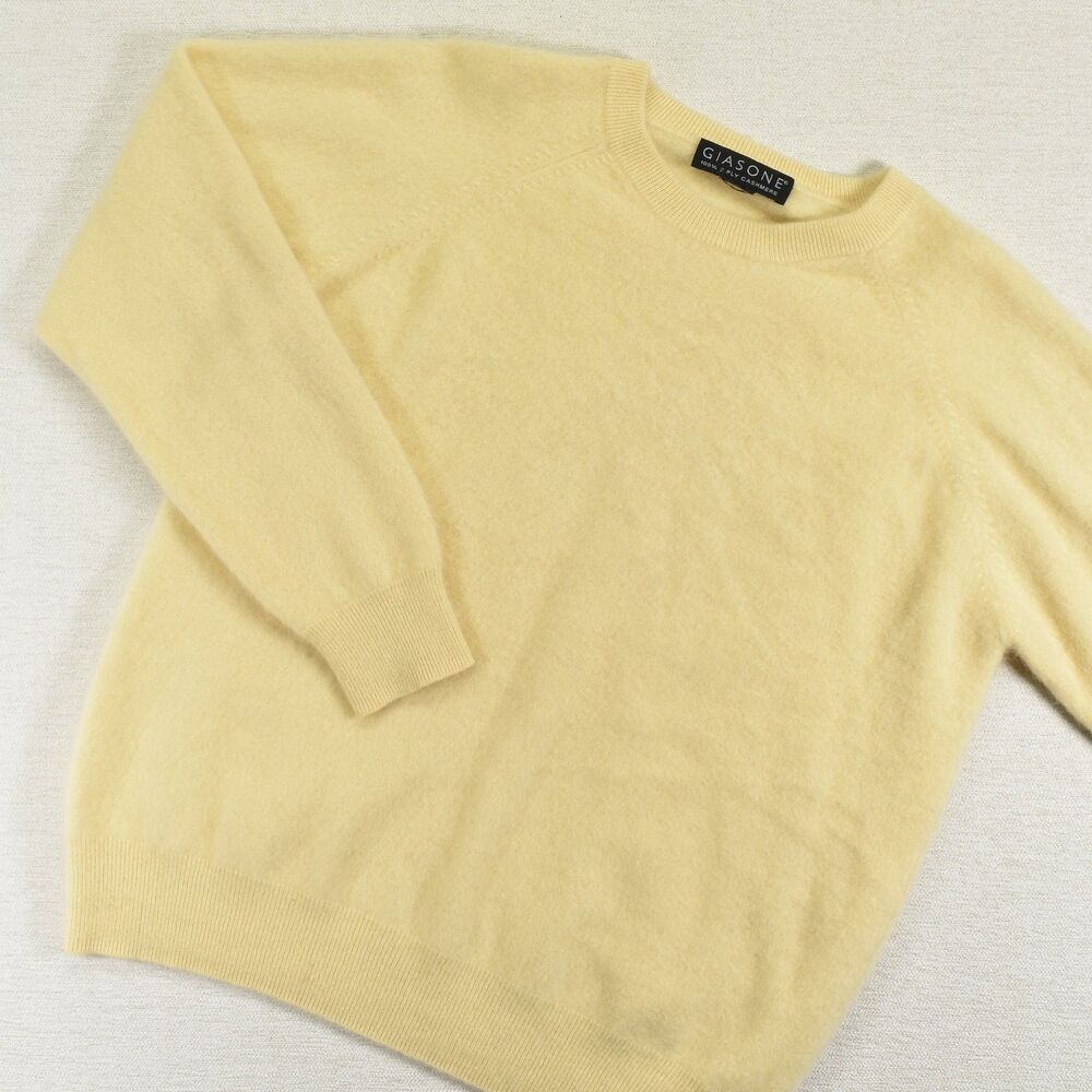 Vintage Giasone Cashmere Sweater Mens Pale Yellow 2 Ply Knit Pullover Small